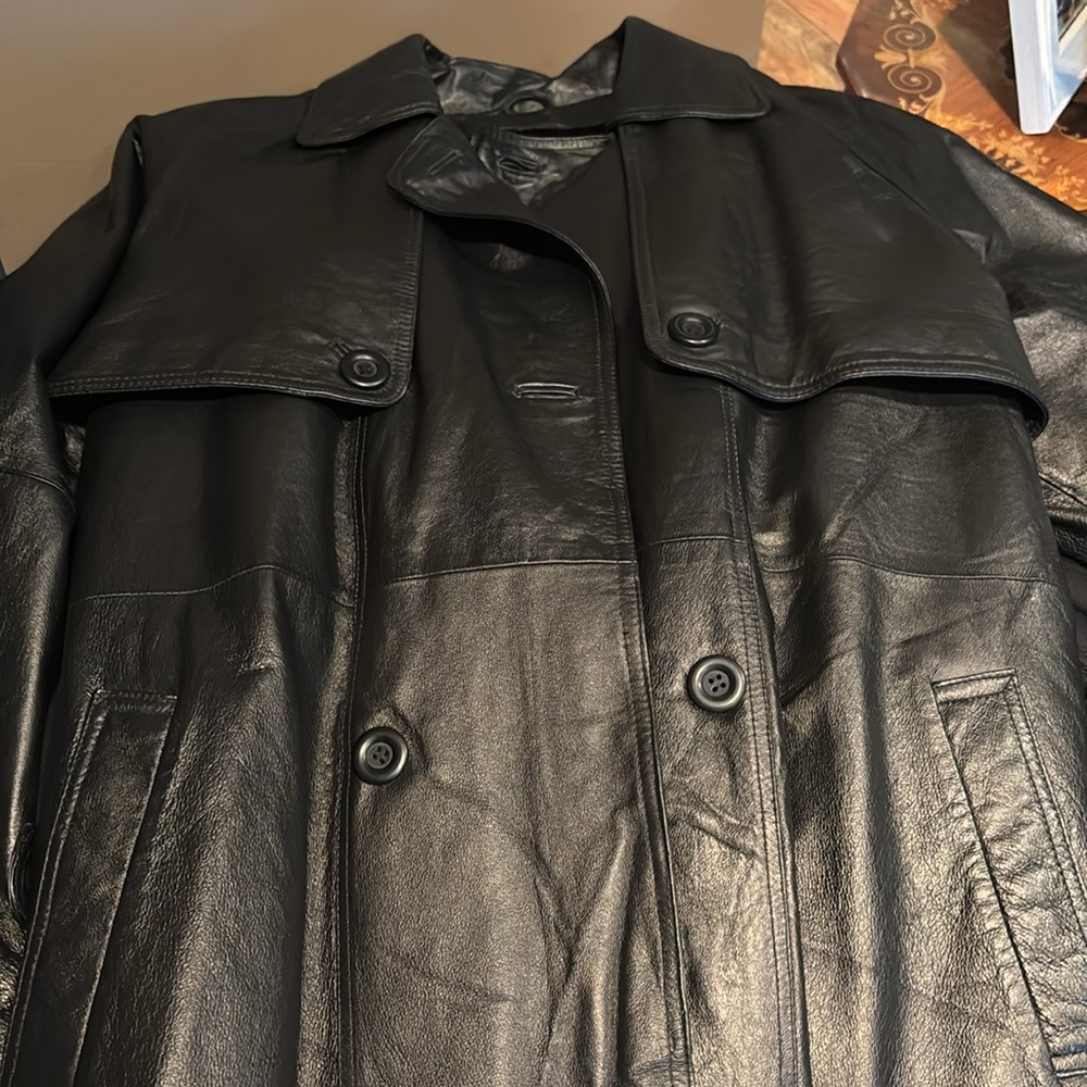 Designer Wilda Black Leather  Double Breasted Belted Trench Coat  Mens Size XL - Picture 5 of 6